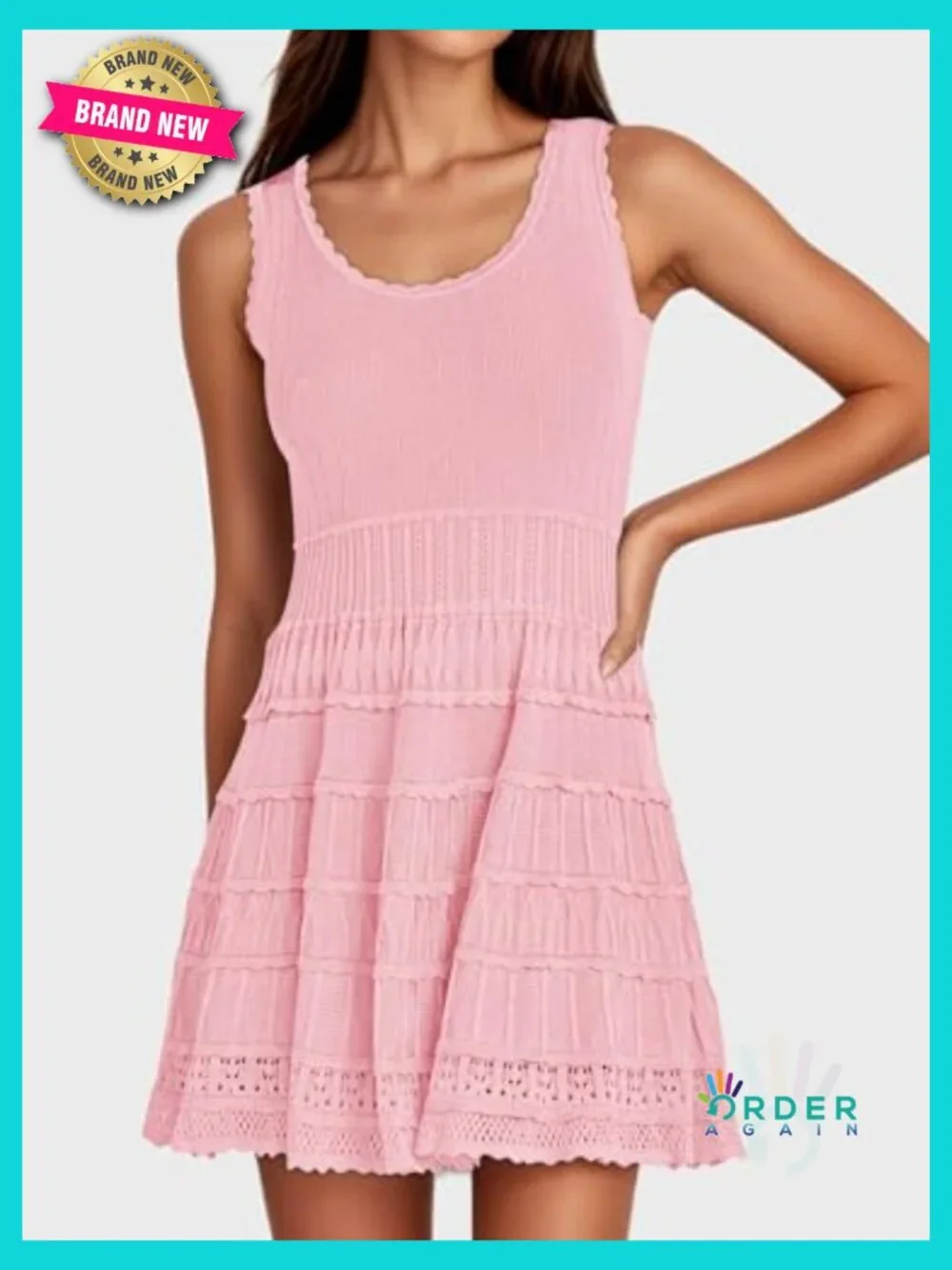 Flowy Knit Crochet Hem Tank Sundress Casual Sleeveless Mini Dress Bohemian - Picture 5 of 7
